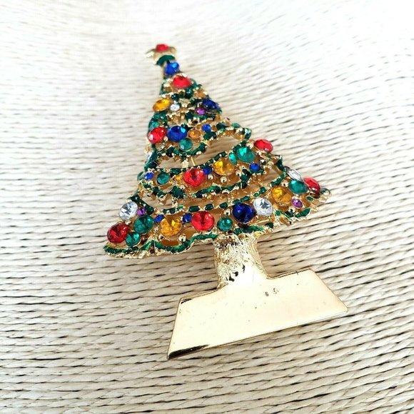 Christmas Tree Brooch Pendant Multi Color Rhinestones - Picture 10 of 12